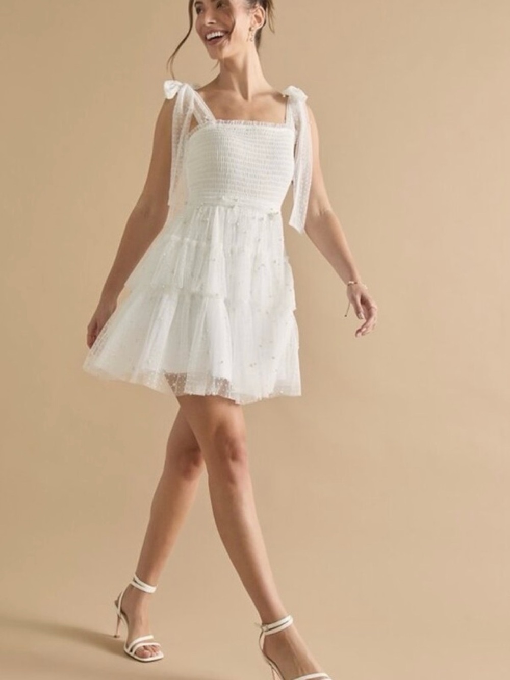 White Smocked Tiered Pearl Tulle Mini Dress with Tie Straps